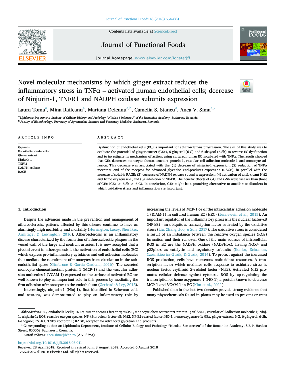 Novel molecular mechanisms by which ginger extract reduces the inflammatory stress in TNFÎ± - activated human endothelial cells; decrease of Ninjurin-1, TNFR1 and NADPH oxidase subunits expression