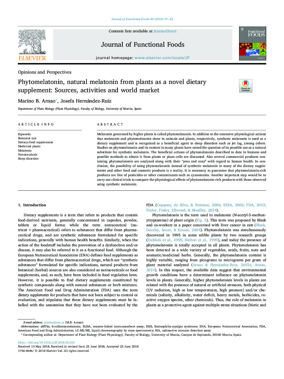 Phytomelatonin, natural melatonin from plants as a novel dietary supplement: Sources, activities and world market