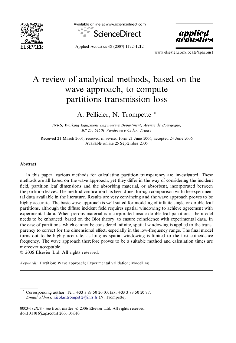 A review of analytical methods, based on the wave approach, to compute partitions transmission loss