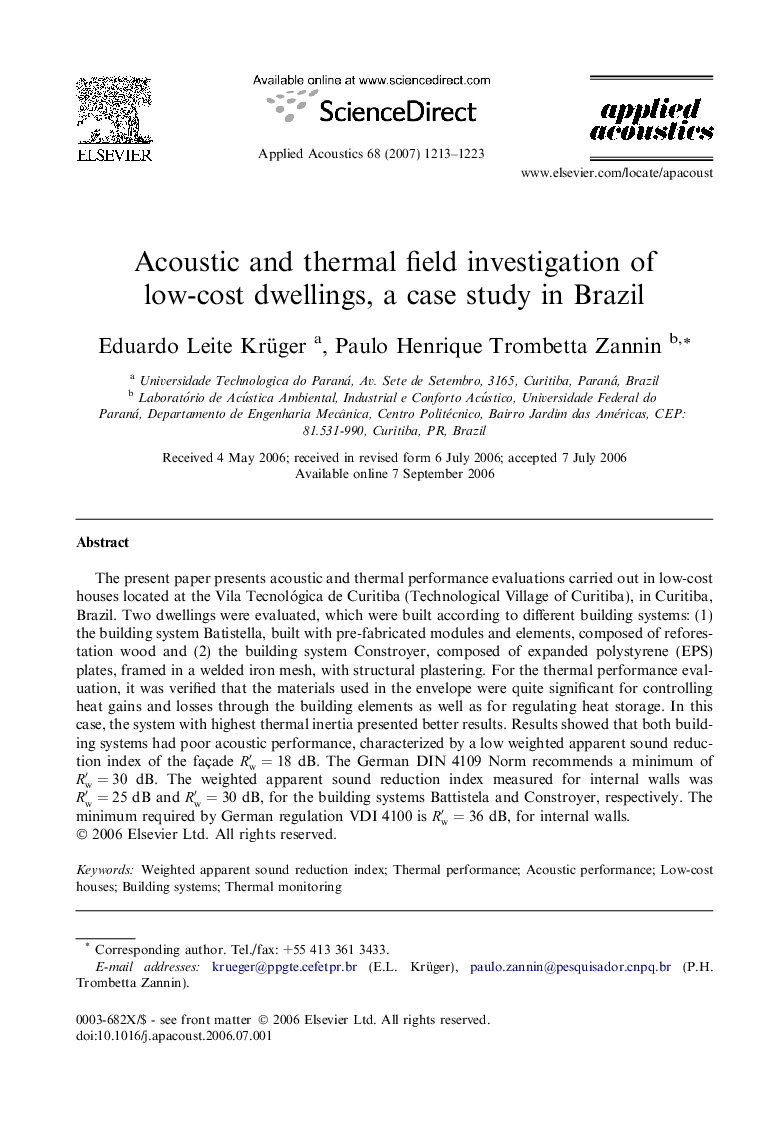 Acoustic and thermal field investigation of low-cost dwellings, a case study in Brazil