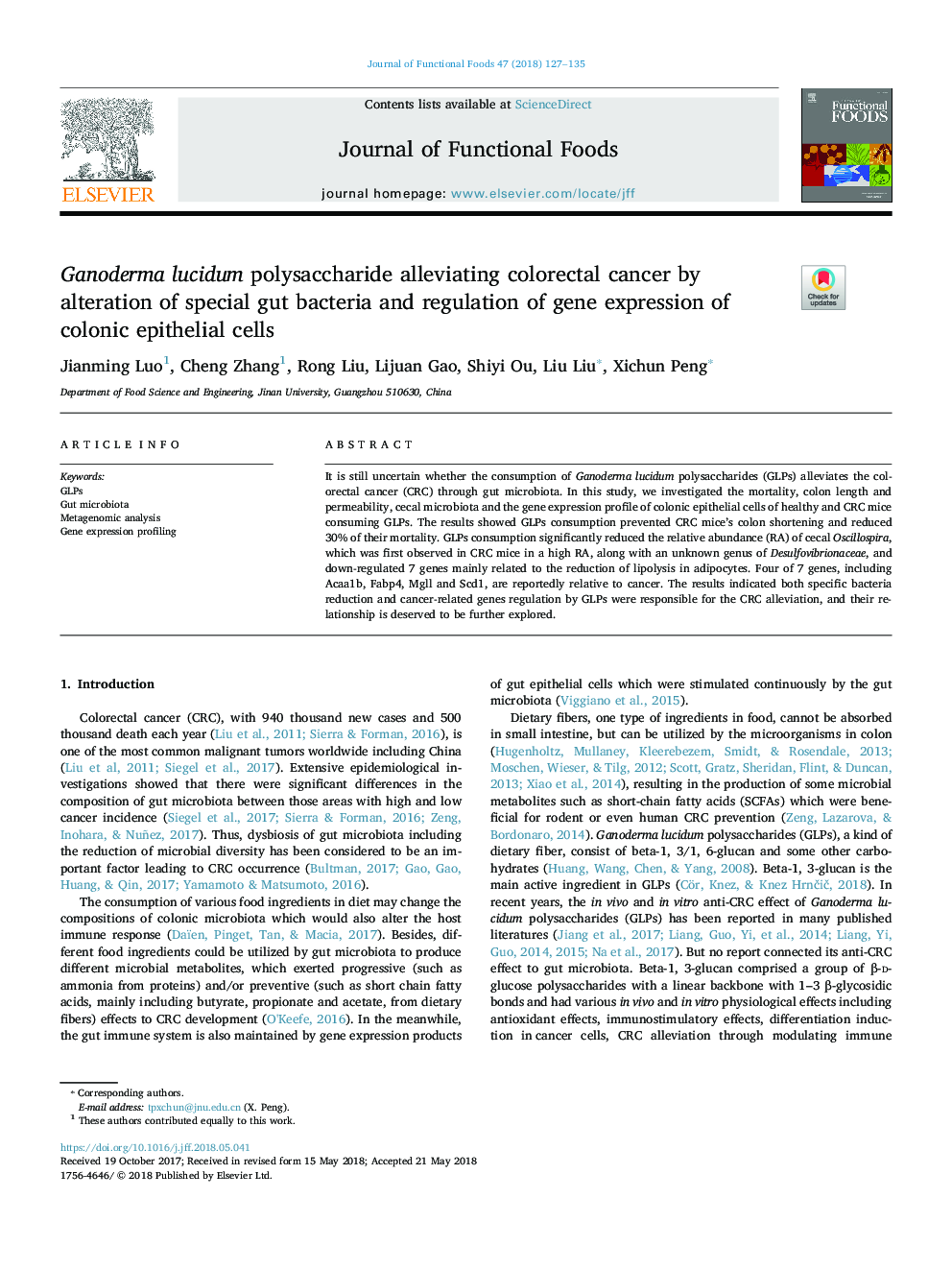 عکس صفحه اول مقاله: Ganoderma lucidum polysaccharide alleviating colorectal cancer by alteration of special gut bacteria and regulation of gene expression of colonic epithelial cells Ganoderma lucidum polysaccharide alleviating colorectal cancer by alteration of special gut bacteria and regulation of gene expression of colonic epithelial cells