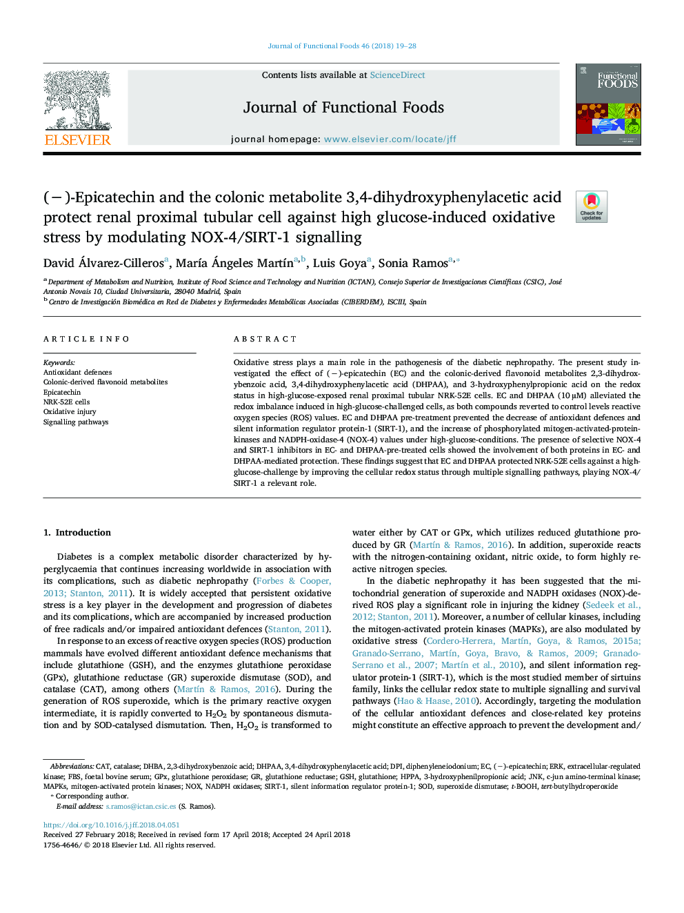 (â)-Epicatechin and the colonic metabolite 3,4-dihydroxyphenylacetic acid protect renal proximal tubular cell against high glucose-induced oxidative stress by modulating NOX-4/SIRT-1 signalling