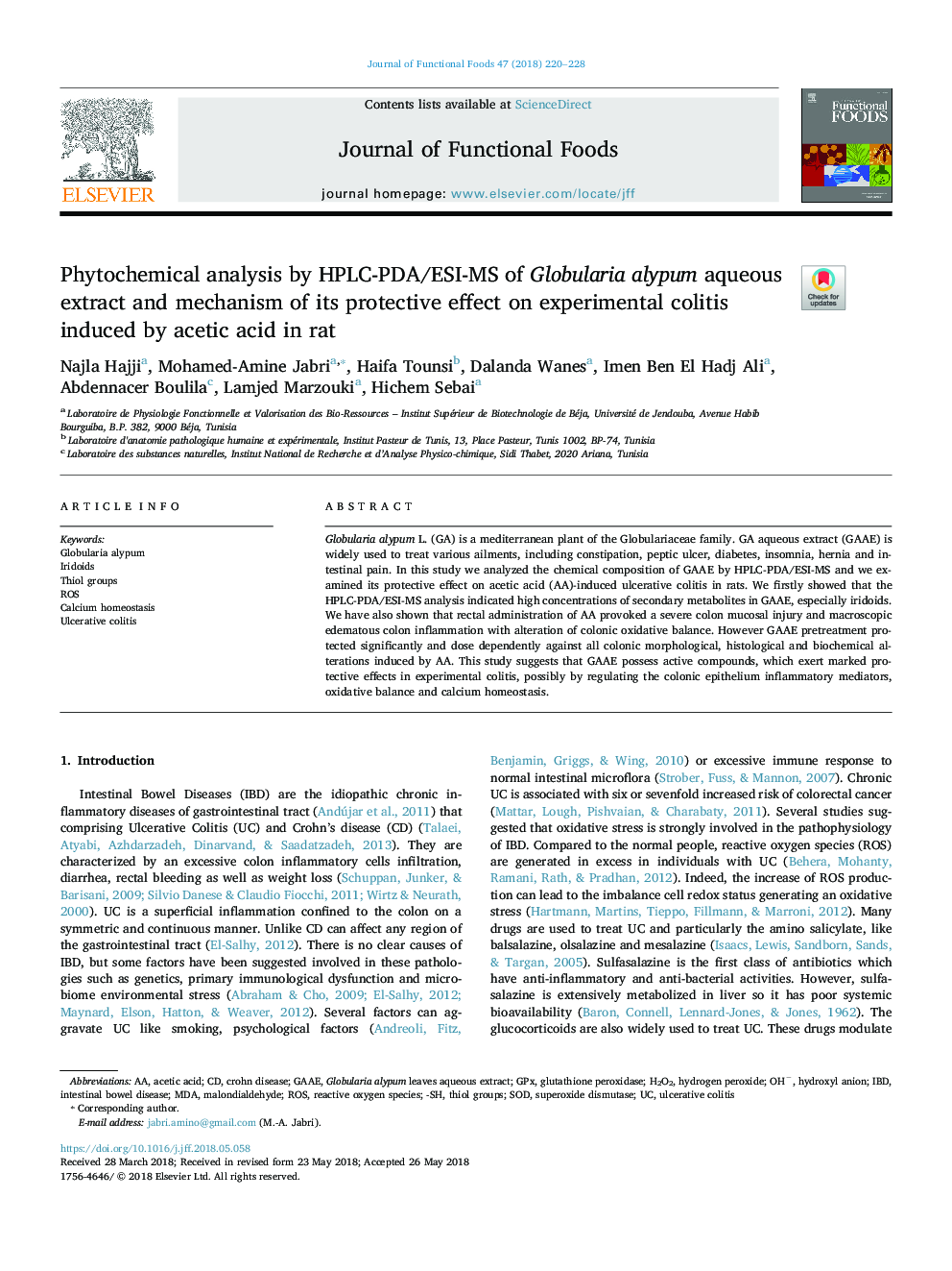 Phytochemical analysis by HPLC-PDA/ESI-MS of Globularia alypum aqueous extract and mechanism of its protective effect on experimental colitis induced by acetic acid in rat