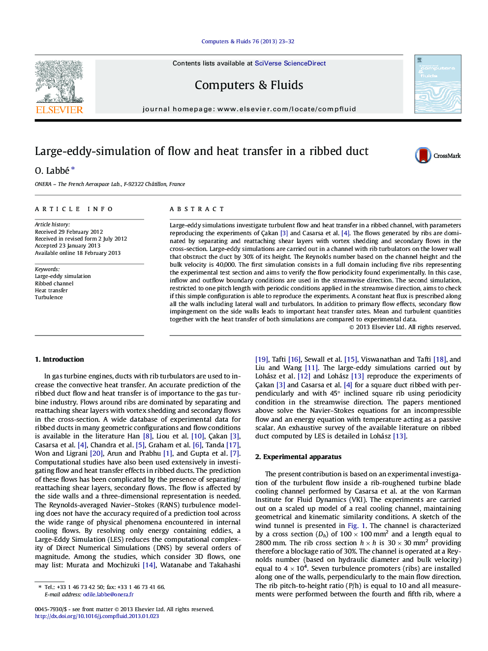 Large-eddy-simulation of flow and heat transfer in a ribbed duct