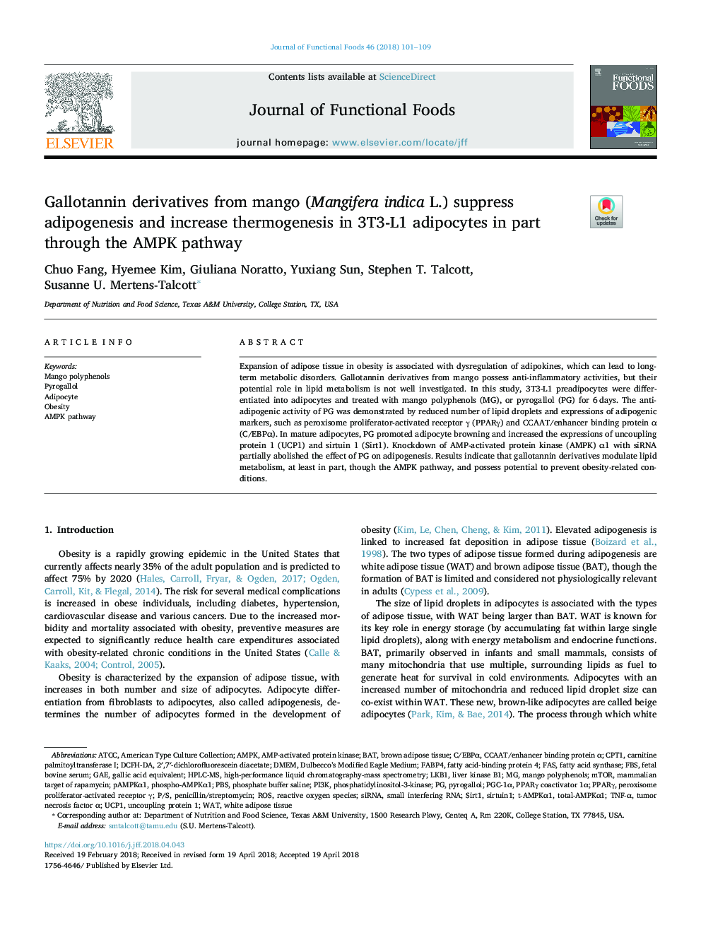 Gallotannin derivatives from mango (Mangifera indica L.) suppress adipogenesis and increase thermogenesis in 3T3-L1 adipocytes in part through the AMPK pathway