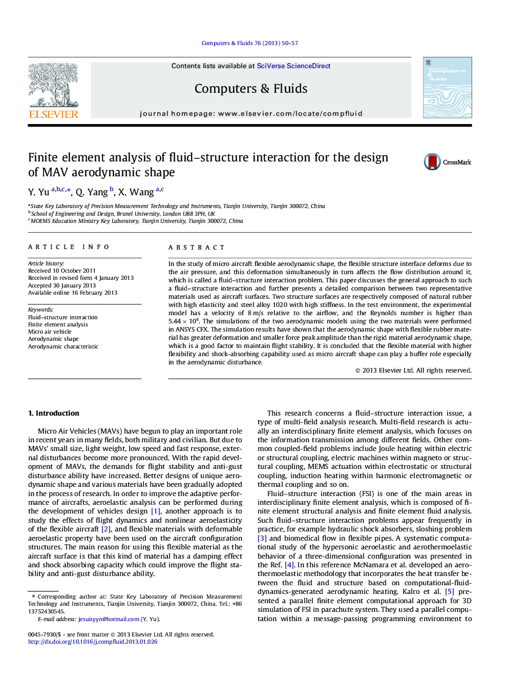 Finite element analysis of fluid–structure interaction for the design of MAV aerodynamic shape