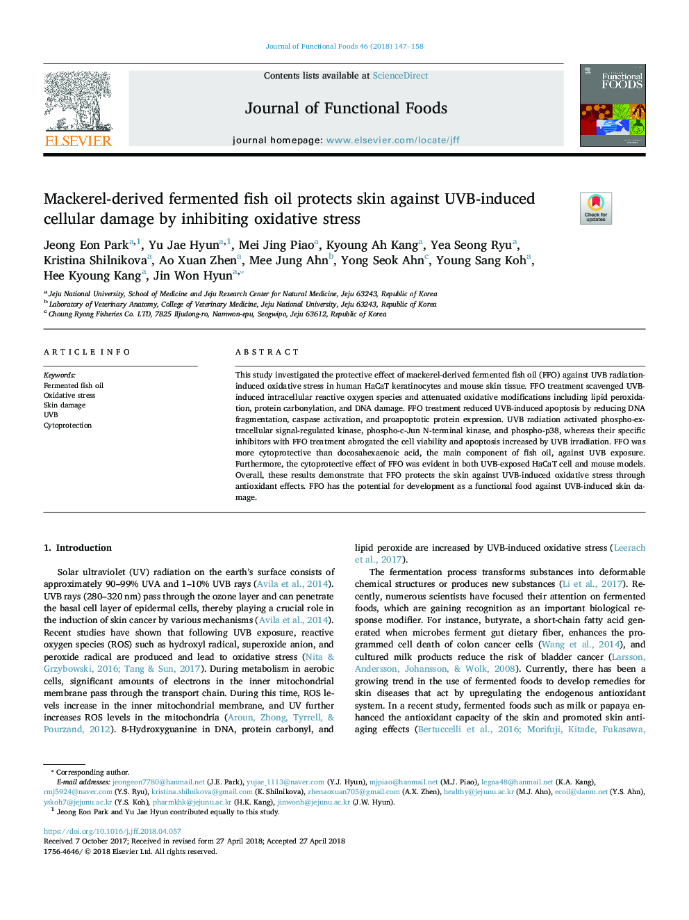 Mackerel-derived fermented fish oil protects skin against UVB-induced cellular damage by inhibiting oxidative stress