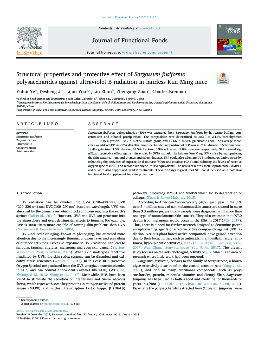 Structural properties and protective effect of Sargassum fusiforme polysaccharides against ultraviolet B radiation in hairless Kun Ming mice