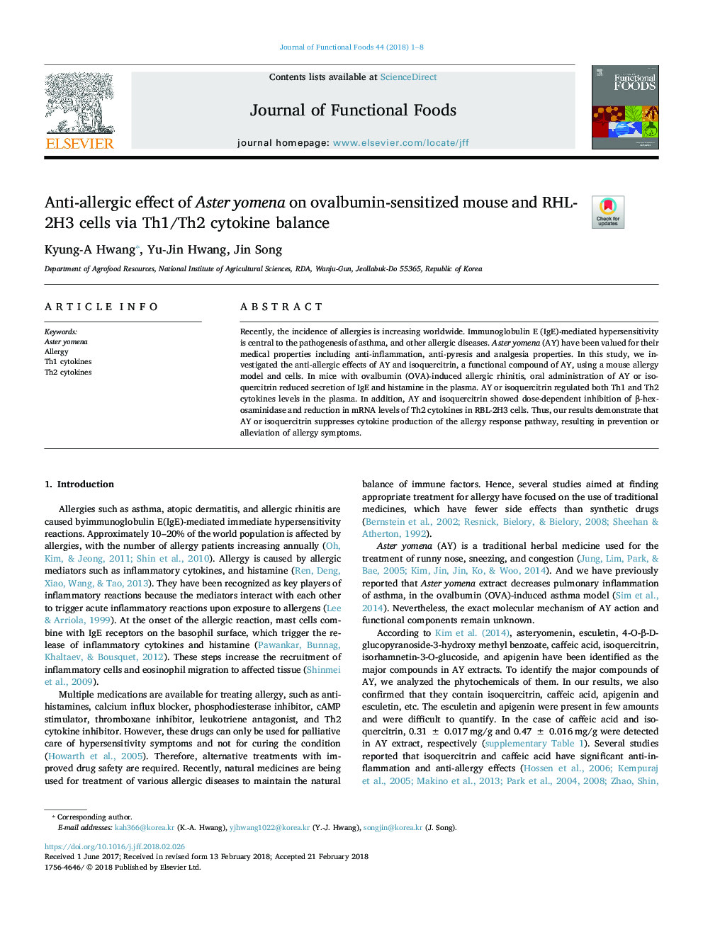 Anti-allergic effect of Aster yomena on ovalbumin-sensitized mouse and RHL-2H3 cells via Th1/Th2 cytokine balance