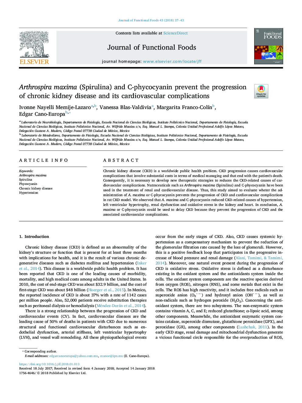 Arthrospira maxima (Spirulina) and C-phycocyanin prevent the progression of chronic kidney disease and its cardiovascular complications