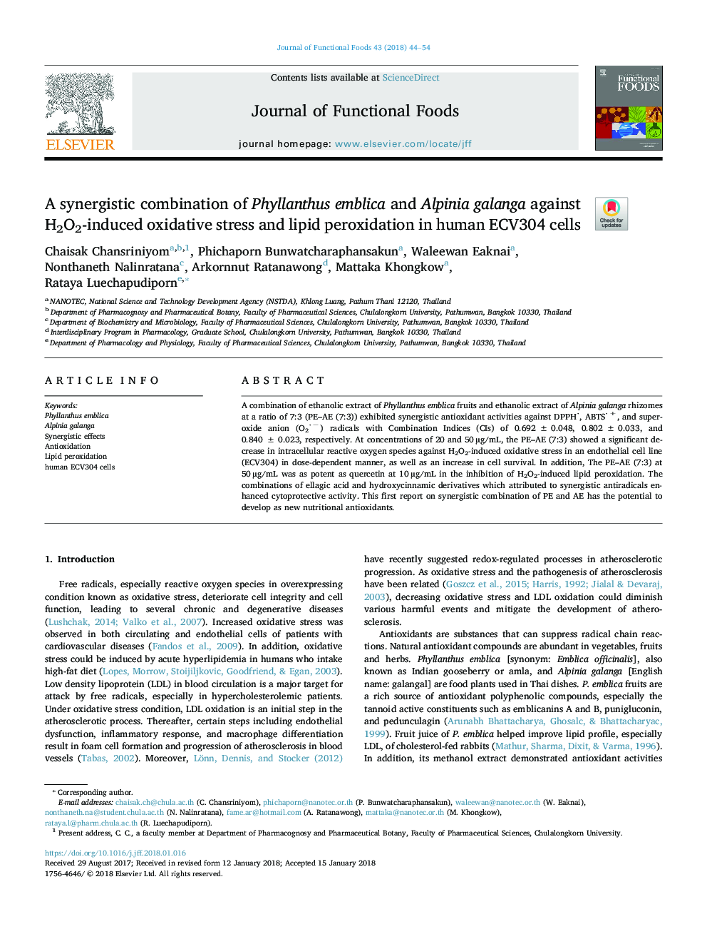 A synergistic combination of Phyllanthus emblica and Alpinia galanga against H2O2-induced oxidative stress and lipid peroxidation in human ECV304 cells