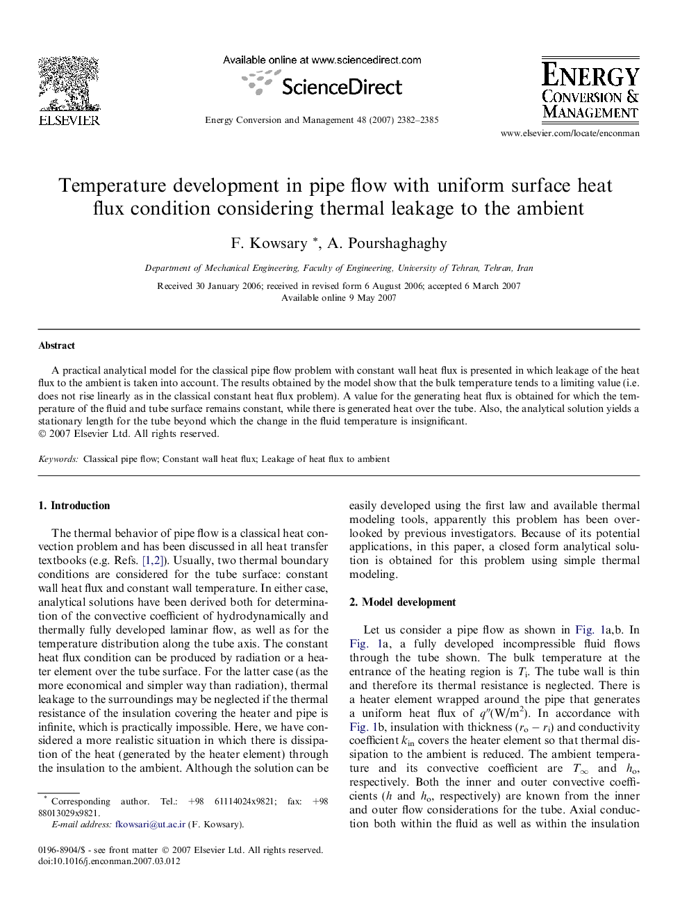 Temperature development in pipe flow with uniform surface heat flux condition considering thermal leakage to the ambient