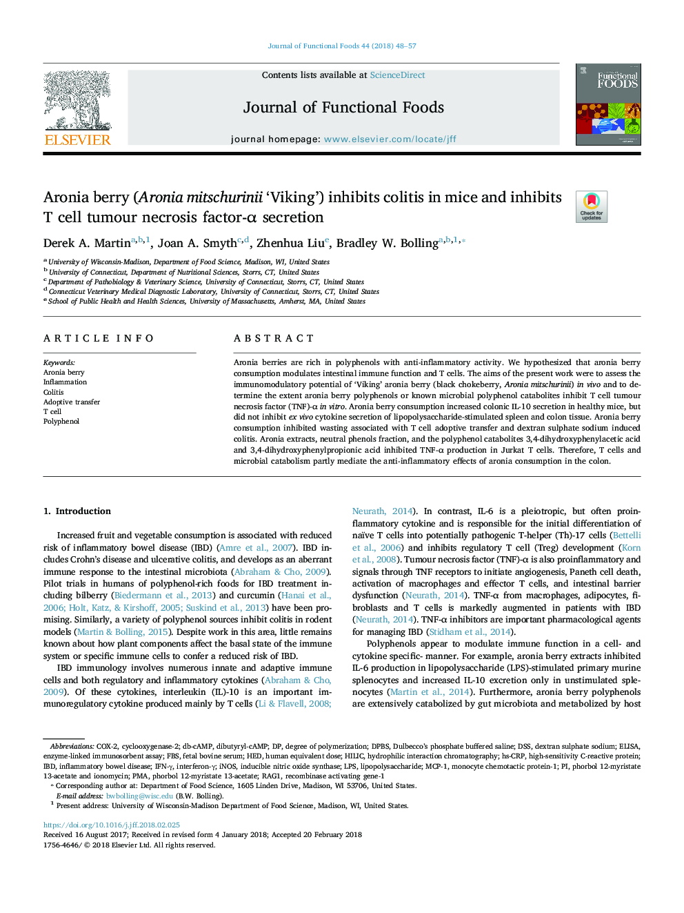 Aronia berry (Aronia mitschurinii 'Viking') inhibits colitis in mice and inhibits T cell tumour necrosis factor-Î± secretion