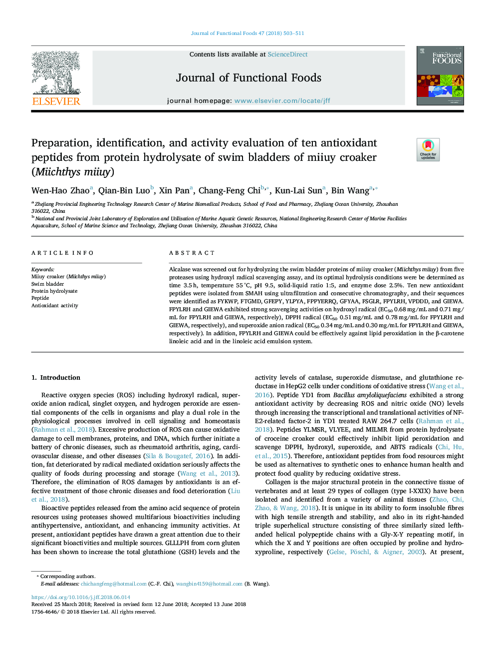 Preparation, identification, and activity evaluation of ten antioxidant peptides from protein hydrolysate of swim bladders of miiuy croaker (Miichthys miiuy)