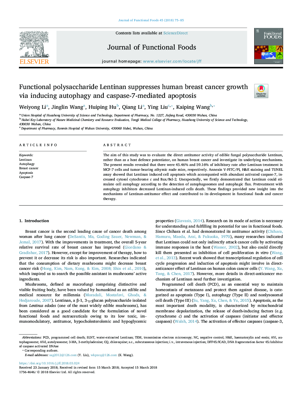 Functional polysaccharide Lentinan suppresses human breast cancer growth via inducing autophagy and caspase-7-mediated apoptosis