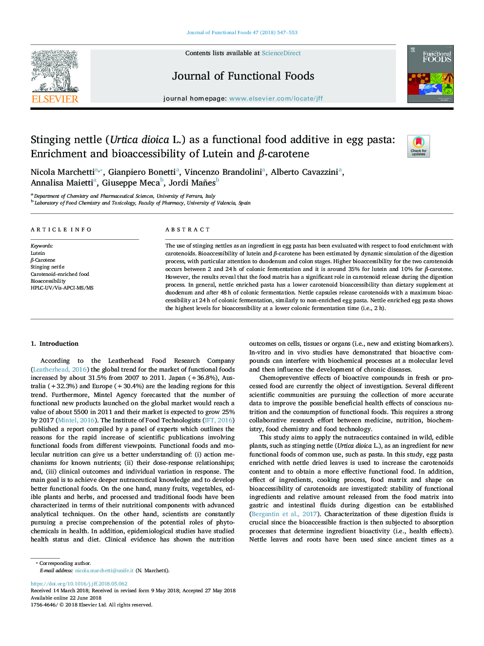 Stinging nettle (Urtica dioica L.) as a functional food additive in egg pasta: Enrichment and bioaccessibility of Lutein and Î²-carotene