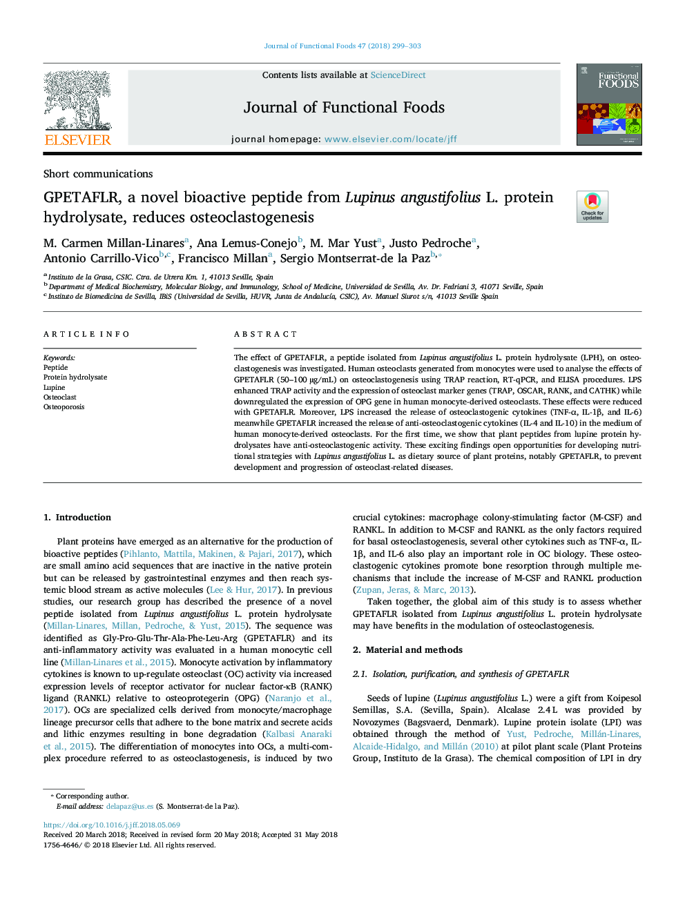 GPETAFLR, a novel bioactive peptide from Lupinus angustifolius L. protein hydrolysate, reduces osteoclastogenesis