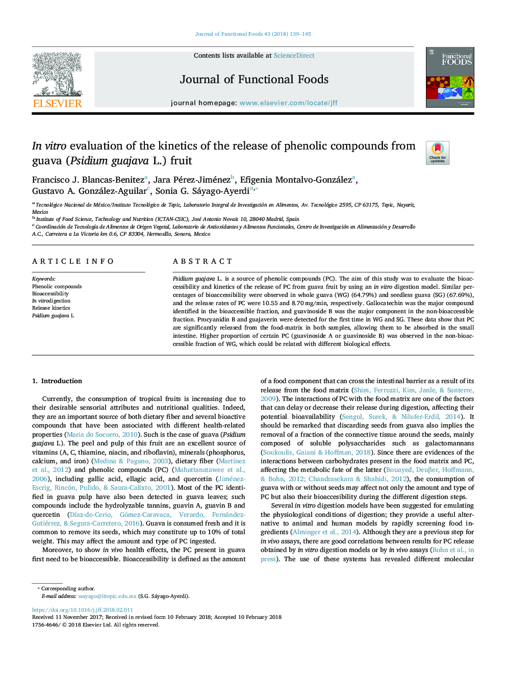 In vitro evaluation of the kinetics of the release of phenolic compounds from guava (Psidium guajava L.) fruit