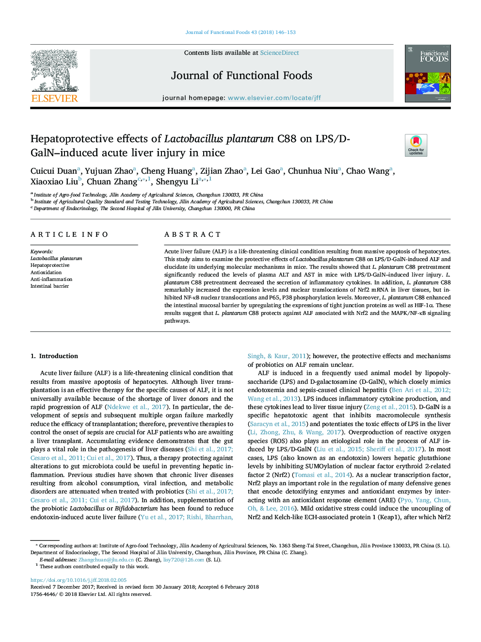 Hepatoprotective effects of Lactobacillus plantarum C88 on LPS/D-GalN-induced acute liver injury in mice