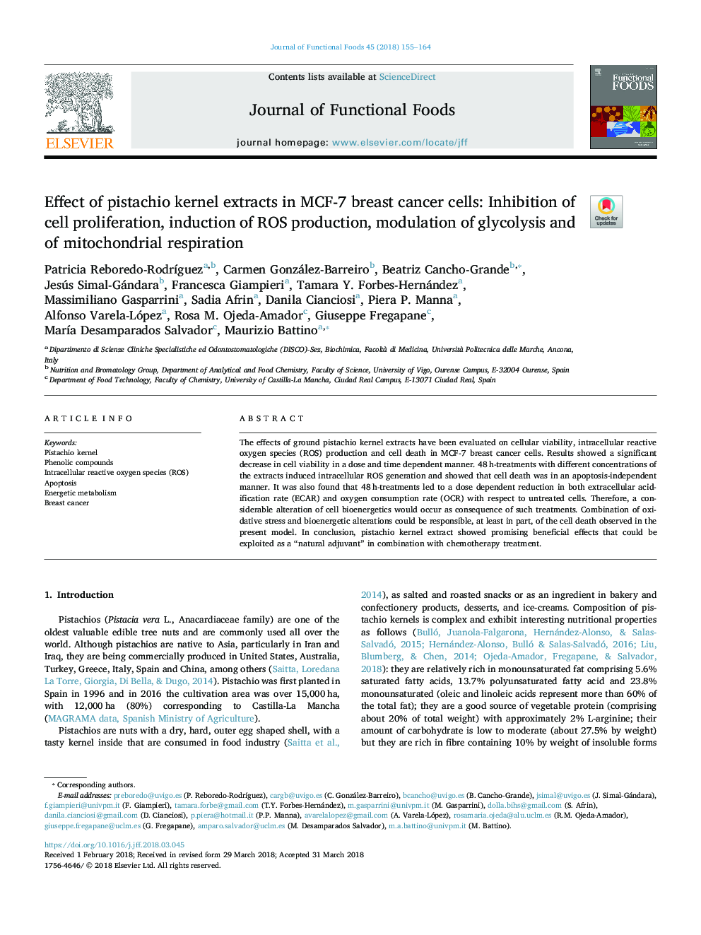 Effect of pistachio kernel extracts in MCF-7 breast cancer cells: Inhibition of cell proliferation, induction of ROS production, modulation of glycolysis and of mitochondrial respiration