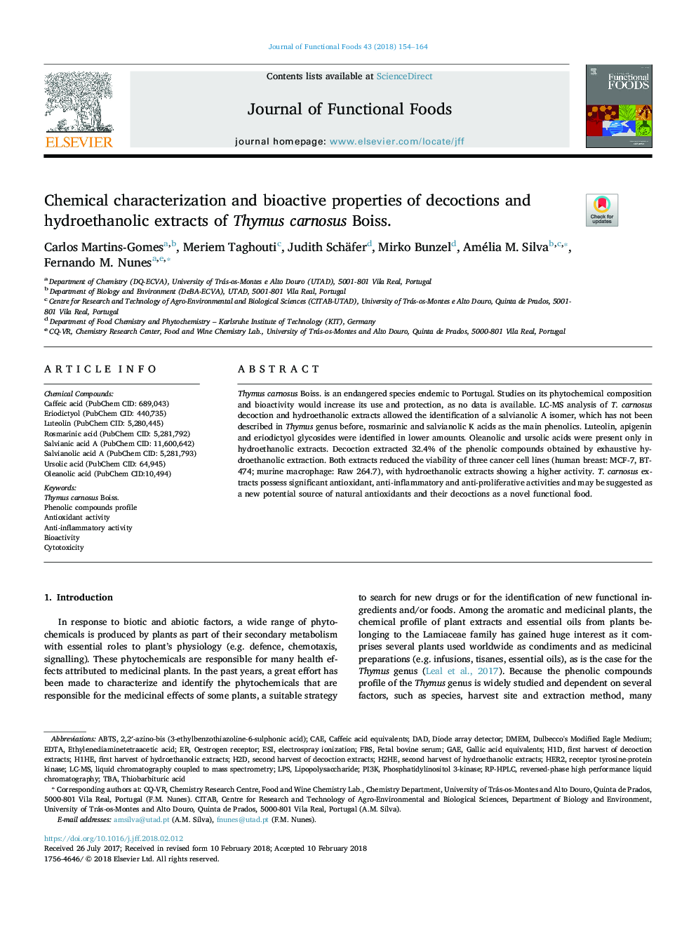 Chemical characterization and bioactive properties of decoctions and hydroethanolic extracts of Thymus carnosus Boiss.