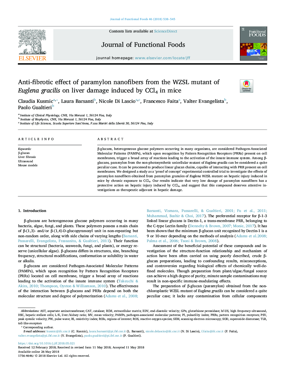 Anti-fibrotic effect of paramylon nanofibers from the WZSL mutant of Euglena gracilis on liver damage induced by CCl4 in mice