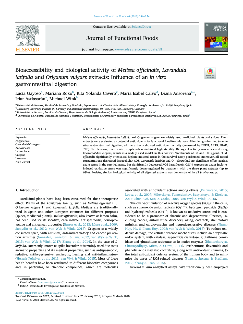 Bioaccessibility and biological activity of Melissa officinalis, Lavandula latifolia and Origanum vulgare extracts: Influence of an in vitro gastrointestinal digestion