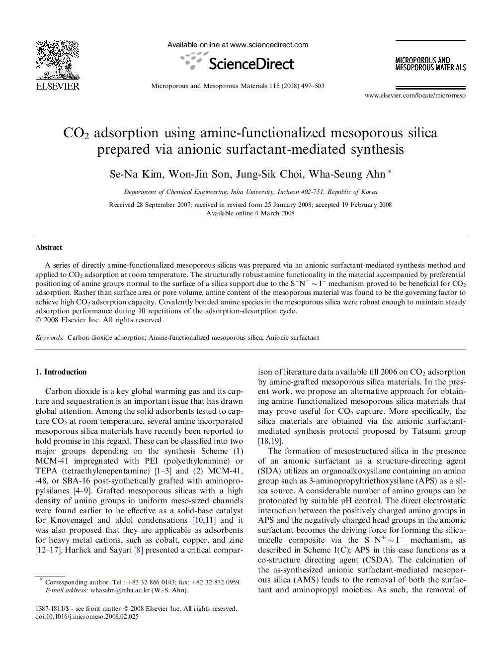 CO2 adsorption using amine-functionalized mesoporous silica prepared via anionic surfactant-mediated synthesis