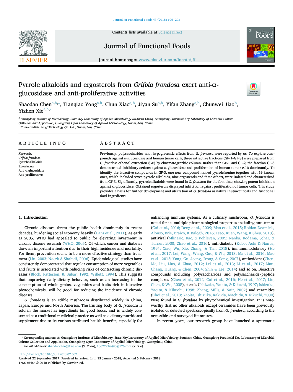 Pyrrole alkaloids and ergosterols from Grifola frondosa exert anti-Î±-glucosidase and anti-proliferative activities