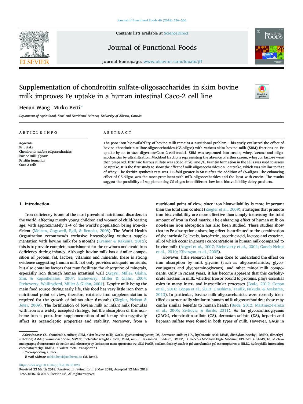 Supplementation of chondroitin sulfate-oligosaccharides in skim bovine milk improves Fe uptake in a human intestinal Caco-2 cell line