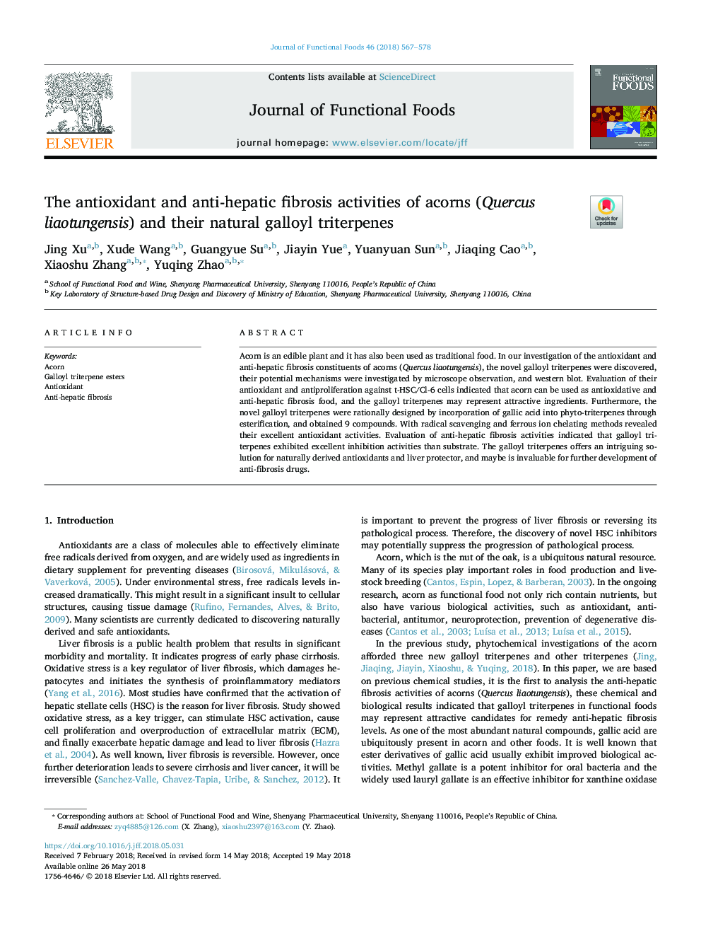 The antioxidant and anti-hepatic fibrosis activities of acorns (Quercus liaotungensis) and their natural galloyl triterpenes