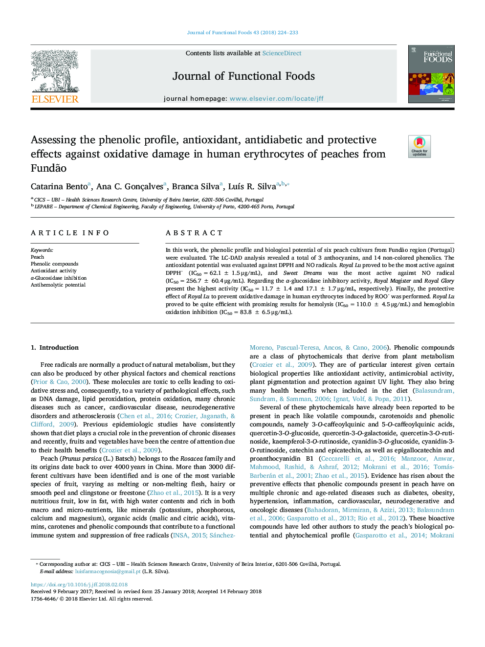 Assessing the phenolic profile, antioxidant, antidiabetic and protective effects against oxidative damage in human erythrocytes of peaches from FundÃ£o