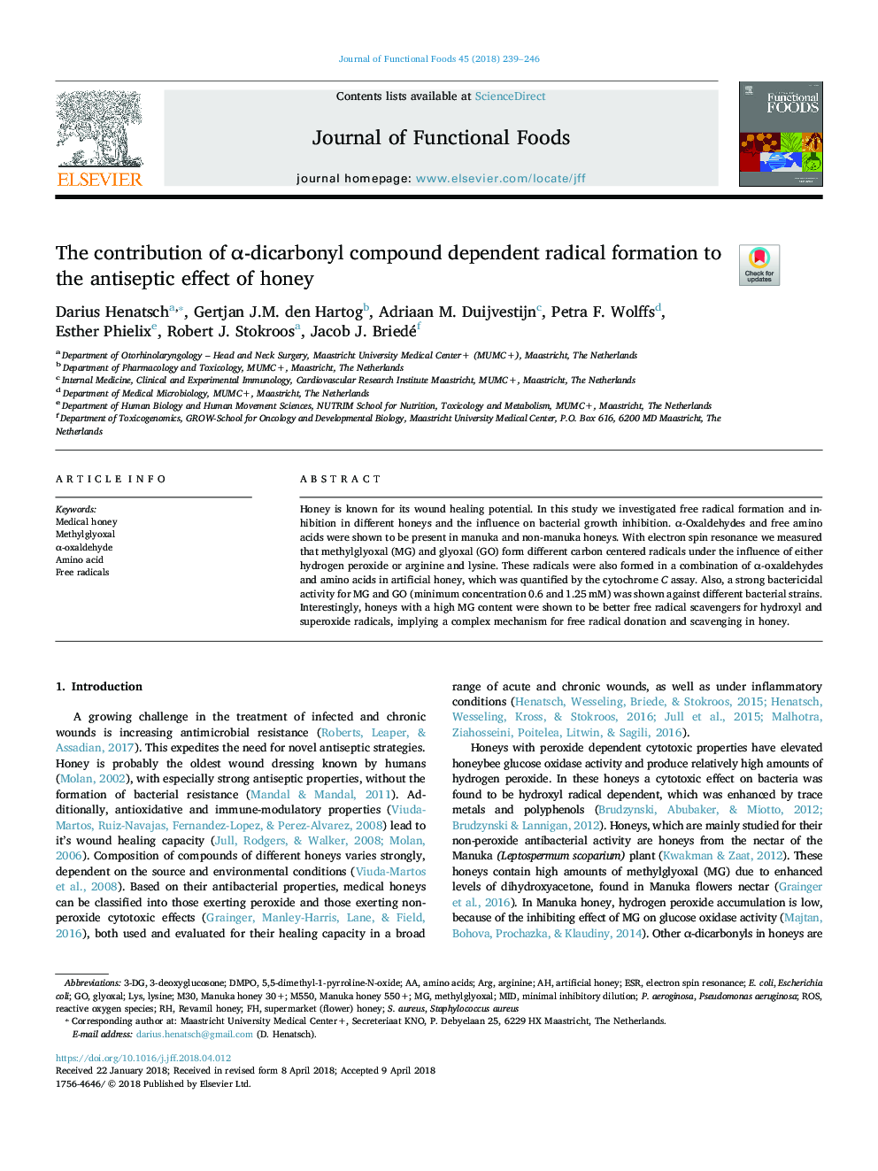 The contribution of Î±-dicarbonyl compound dependent radical formation to the antiseptic effect of honey