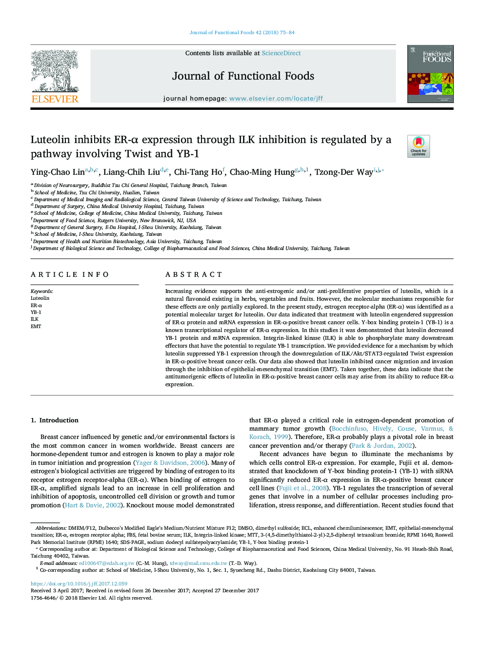 Luteolin inhibits ER-Î± expression through ILK inhibition is regulated by a pathway involving Twist and YB-1