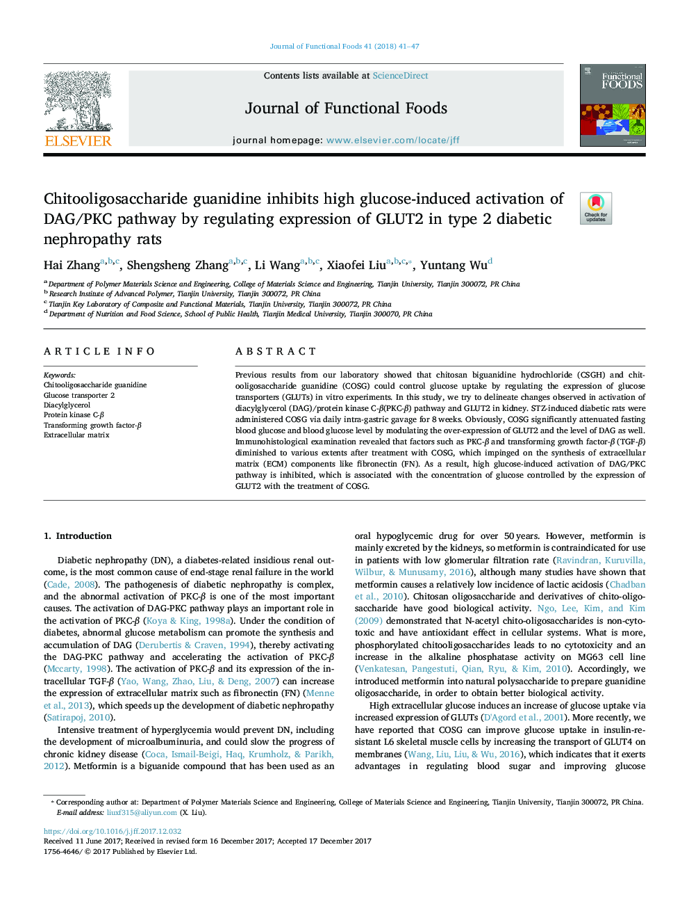 Chitooligosaccharide guanidine inhibits high glucose-induced activation of DAG/PKC pathway by regulating expression of GLUT2 in type 2 diabetic nephropathy rats