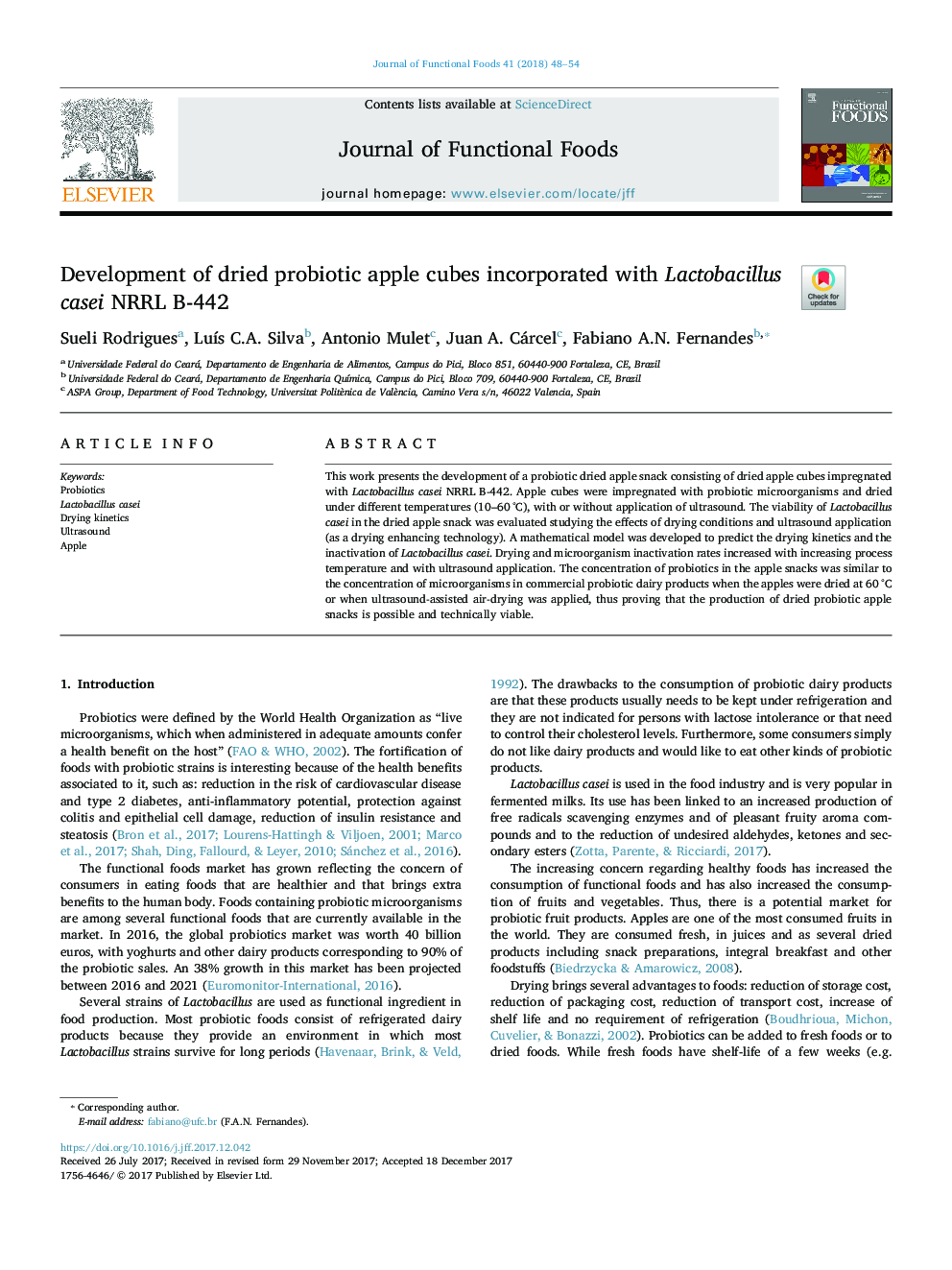 Development of dried probiotic apple cubes incorporated with Lactobacillus casei NRRL B-442