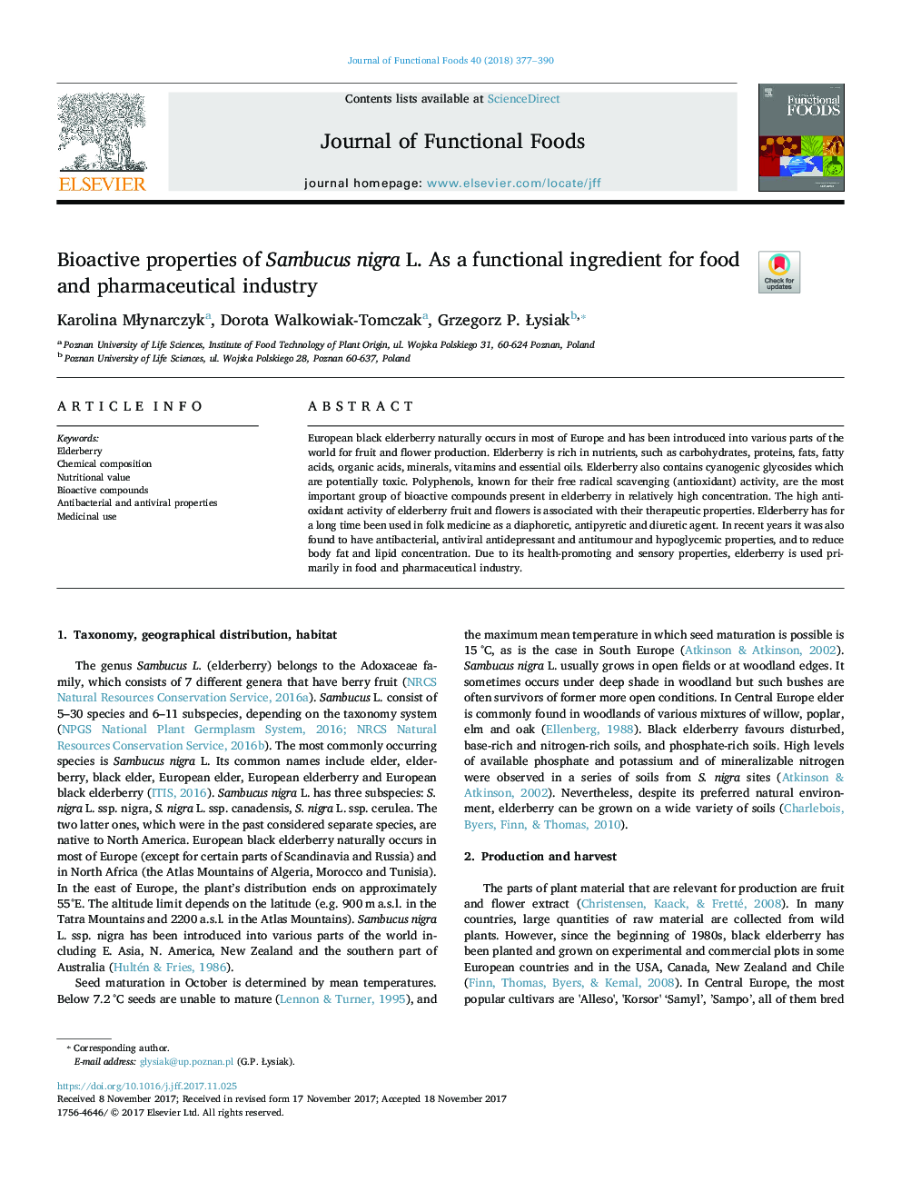 Bioactive properties of Sambucus nigra L. as a functional ingredient for food and pharmaceutical industry