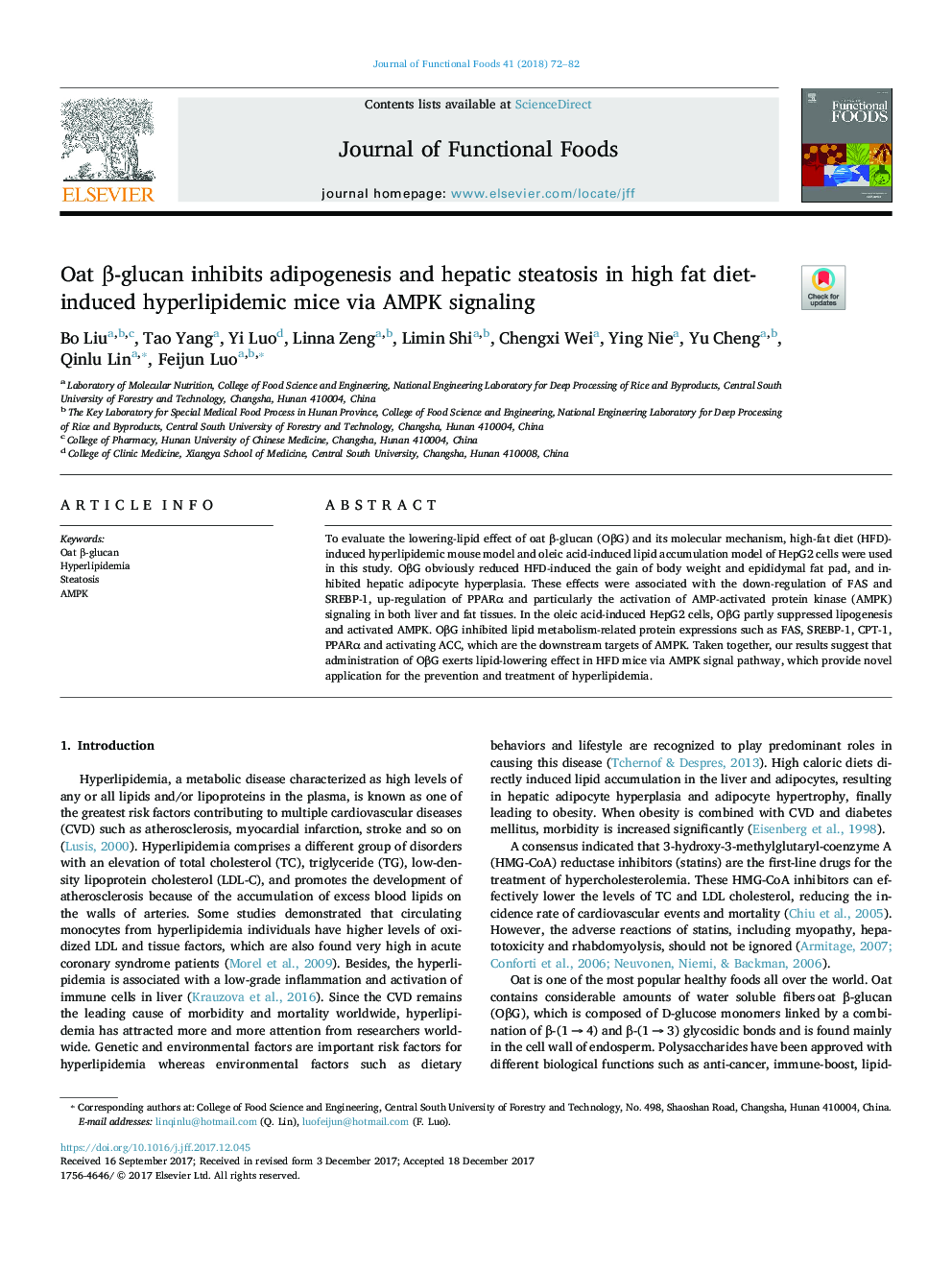 Oat Î²-glucan inhibits adipogenesis and hepatic steatosis in high fat diet-induced hyperlipidemic mice via AMPK signaling