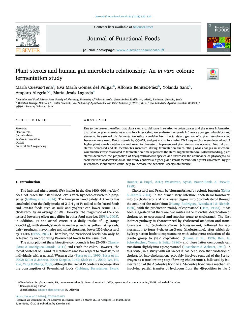 Plant sterols and human gut microbiota relationship: An in vitro colonic fermentation study