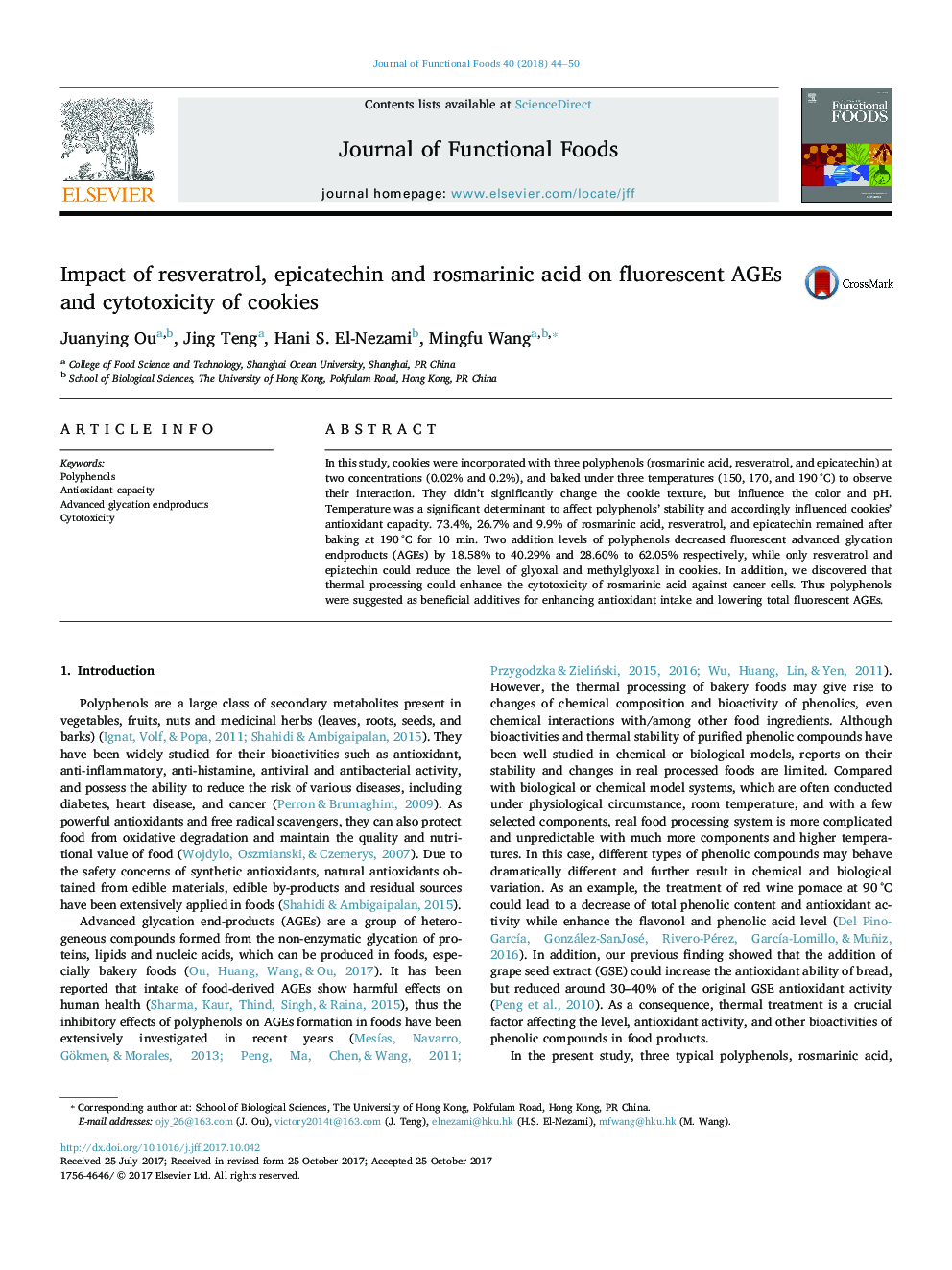 Impact of resveratrol, epicatechin and rosmarinic acid on fluorescent AGEs and cytotoxicity of cookies