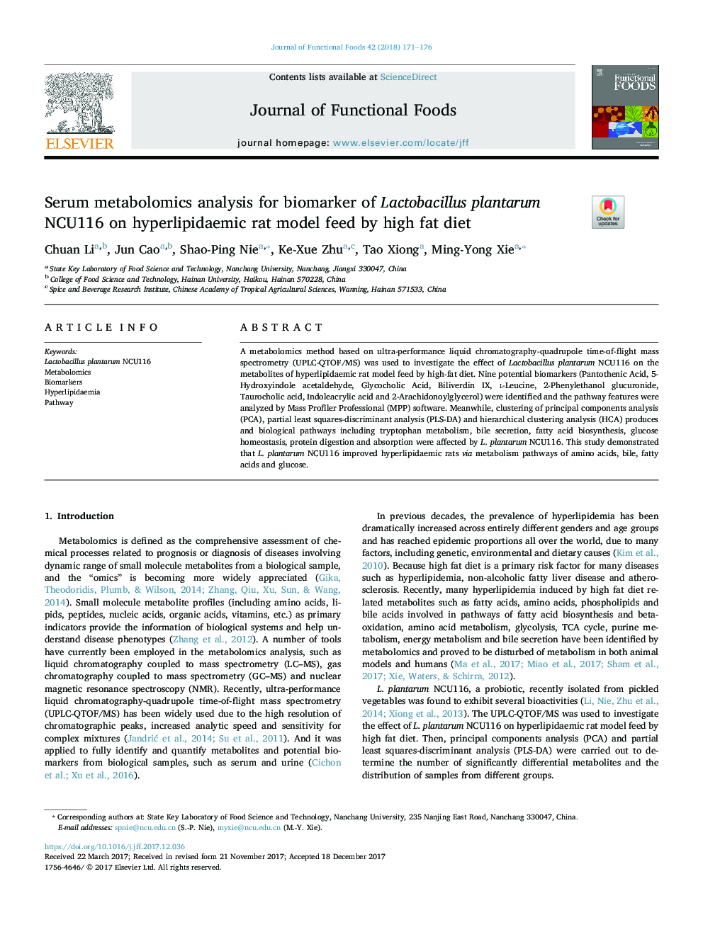 Serum metabolomics analysis for biomarker of Lactobacillus plantarum NCU116 on hyperlipidaemic rat model feed by high fat diet