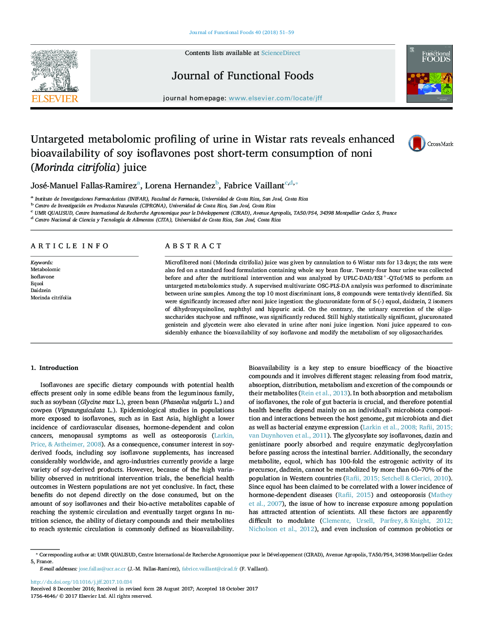 Untargeted metabolomic profiling of urine in Wistar rats reveals enhanced bioavailability of soy isoflavones post short-term consumption of noni (Morinda citrifolia) juice