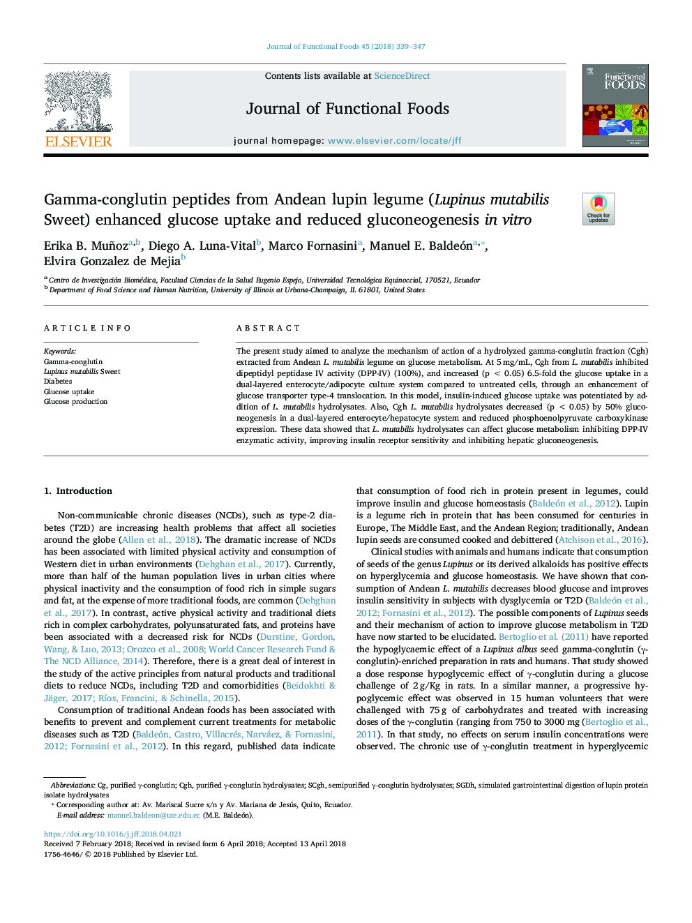 Gamma-conglutin peptides from Andean lupin legume (Lupinus mutabilis Sweet) enhanced glucose uptake and reduced gluconeogenesis in vitro