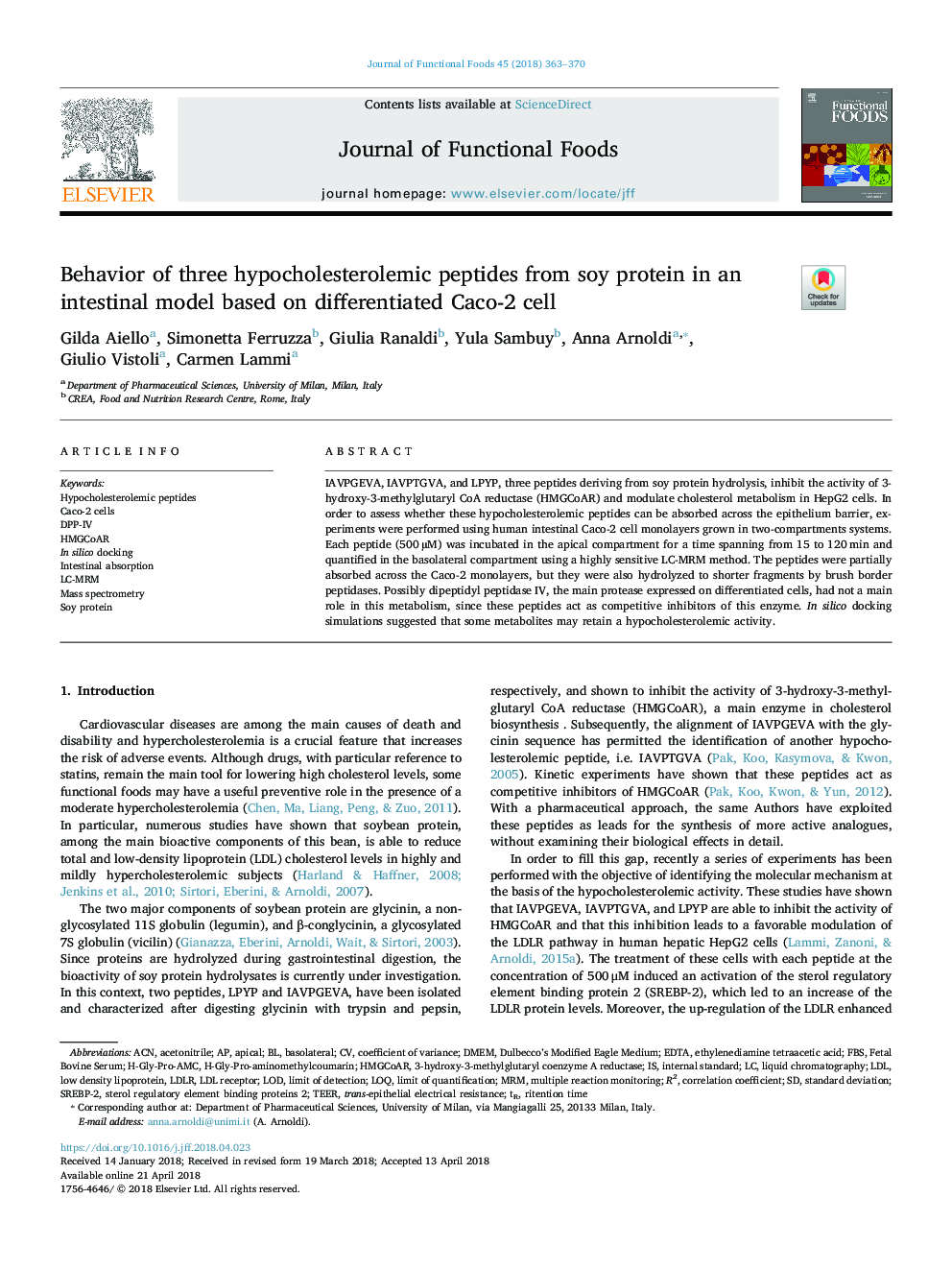 Behavior of three hypocholesterolemic peptides from soy protein in an intestinal model based on differentiated Caco-2 cell