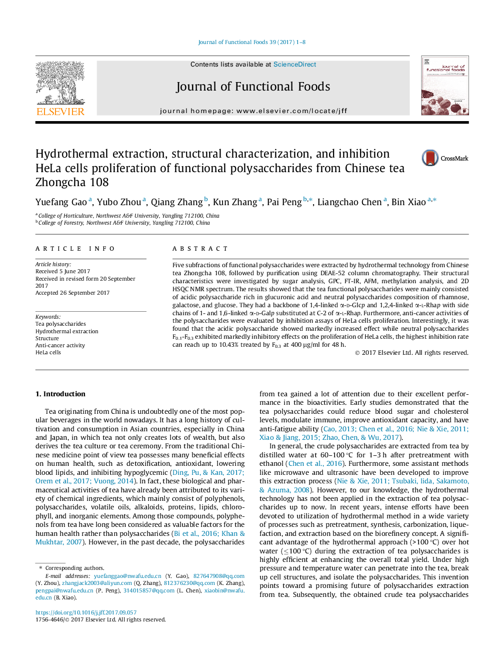 Hydrothermal extraction, structural characterization, and inhibition HeLa cells proliferation of functional polysaccharides from Chinese tea Zhongcha 108