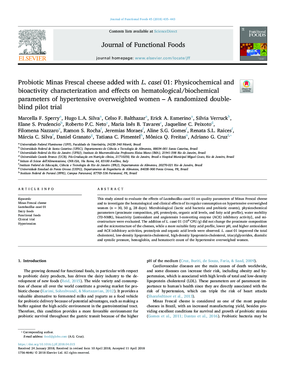 Probiotic Minas Frescal cheese added with L. casei 01: Physicochemical and bioactivity characterization and effects on hematological/biochemical parameters of hypertensive overweighted women - A randomized double-blind pilot trial