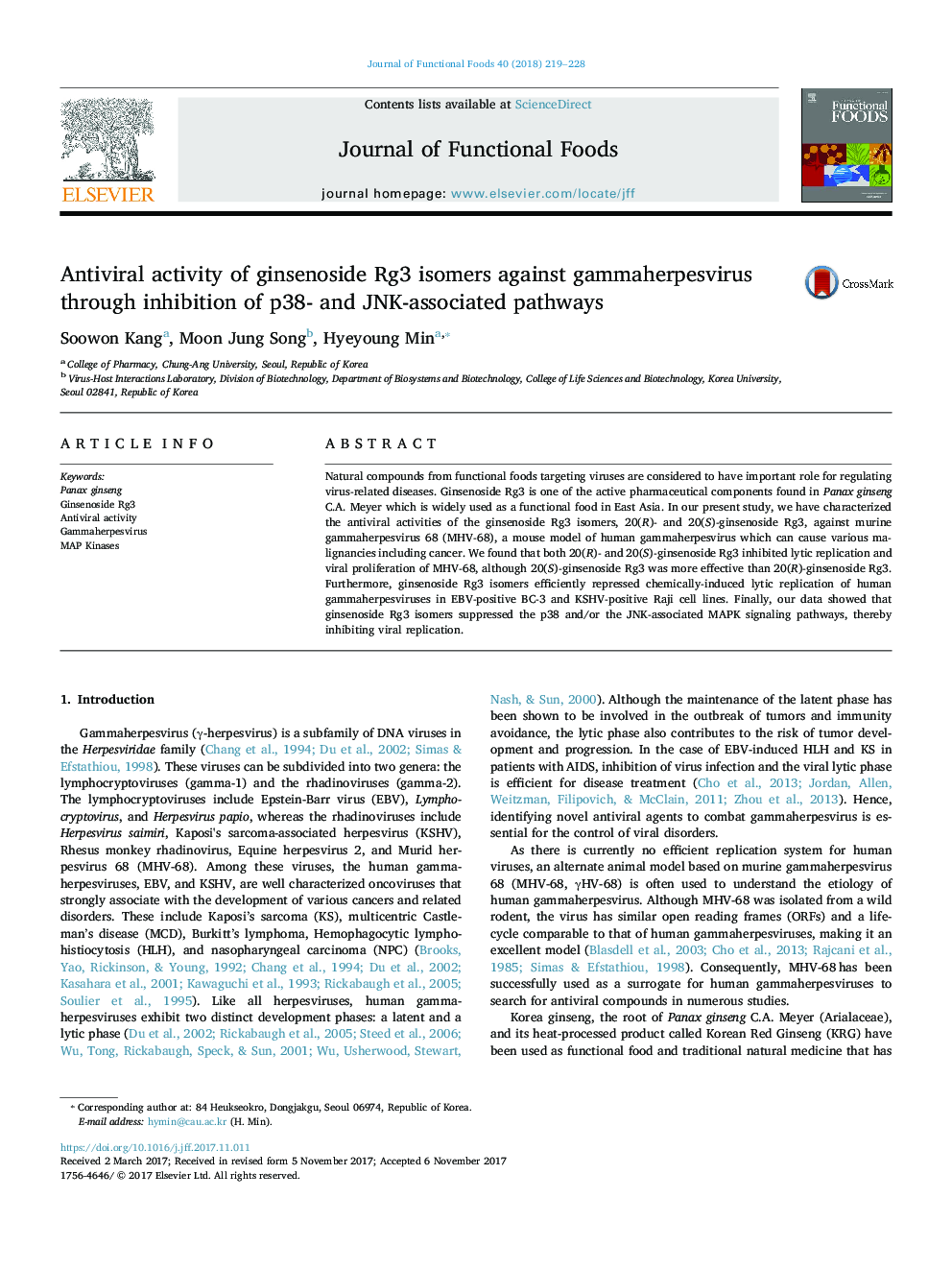 Antiviral activity of ginsenoside Rg3 isomers against gammaherpesvirus through inhibition of p38- and JNK-associated pathways