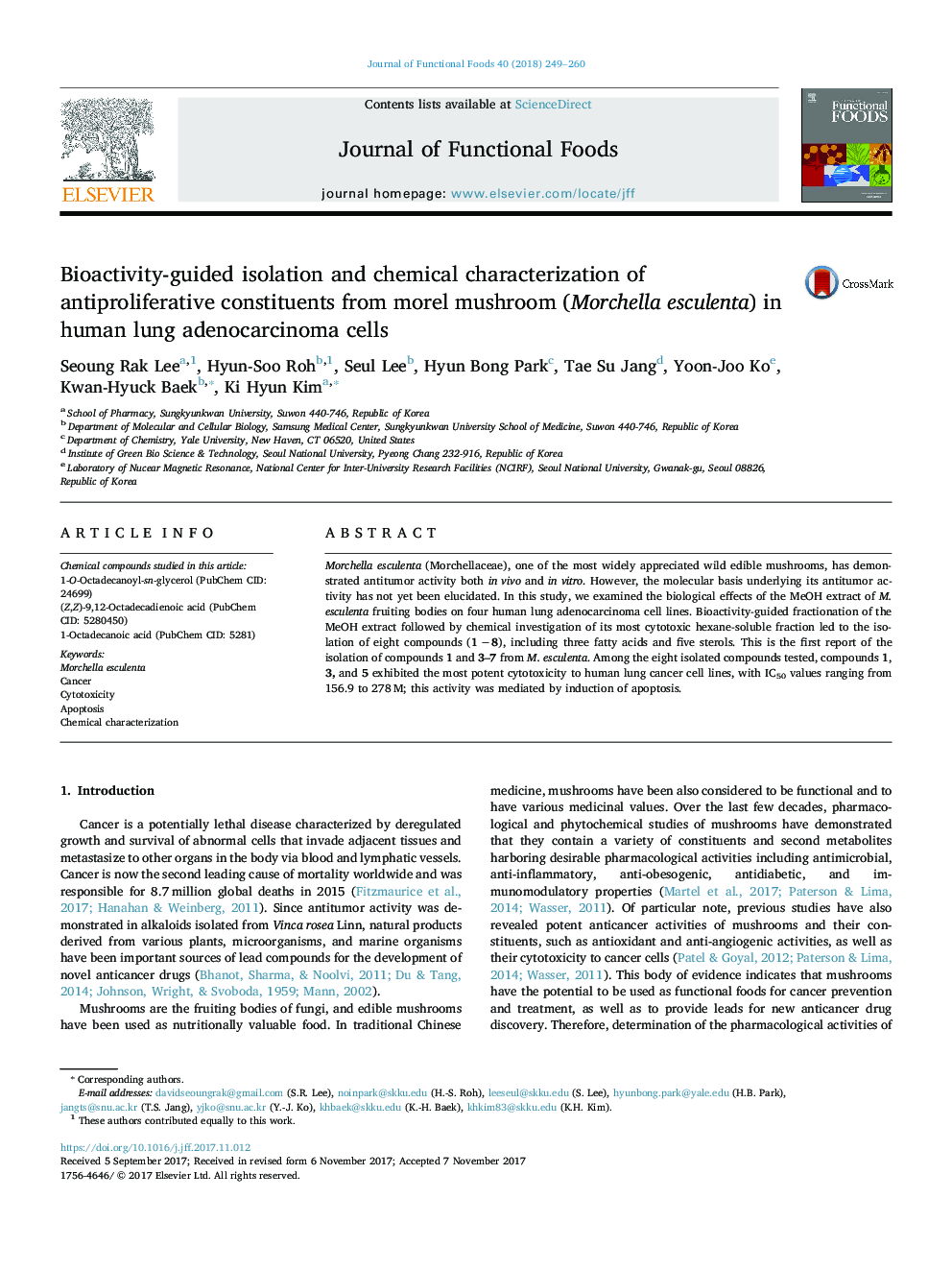 Bioactivity-guided isolation and chemical characterization of antiproliferative constituents from morel mushroom (Morchella esculenta) in human lung adenocarcinoma cells