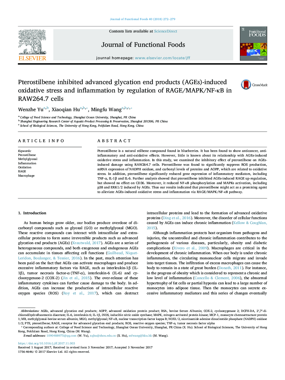 Pterostilbene inhibited advanced glycation end products (AGEs)-induced oxidative stress and inflammation by regulation of RAGE/MAPK/NF-ÎºB in RAW264.7 cells