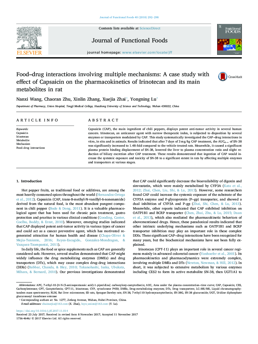 Food-drug interactions involving multiple mechanisms: A case study with effect of Capsaicin on the pharmacokinetics of Irinotecan and its main metabolites in rat